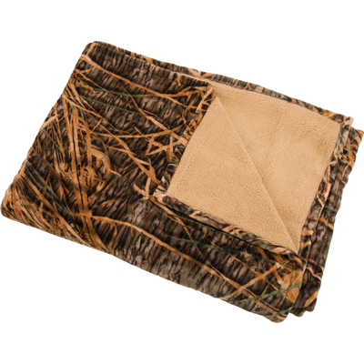 Camo Fleece Blanket with Old School Camo print and tan sherpa lining, offering warmth and lightweight comfort, ideal for outdoor adventures or home use.