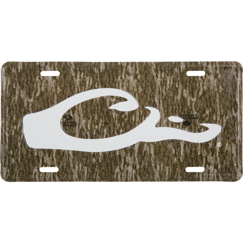 Drake Logo License Plate featuring a woodland camouflage pattern with a prominent white Mossy Oak leaf/acorn logo, designed for vehicle mounting.