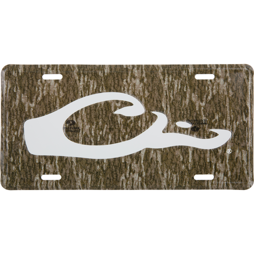 Drake Logo License Plate featuring a woodland camouflage pattern with a prominent white Mossy Oak leaf/acorn logo, designed for vehicle mounting.