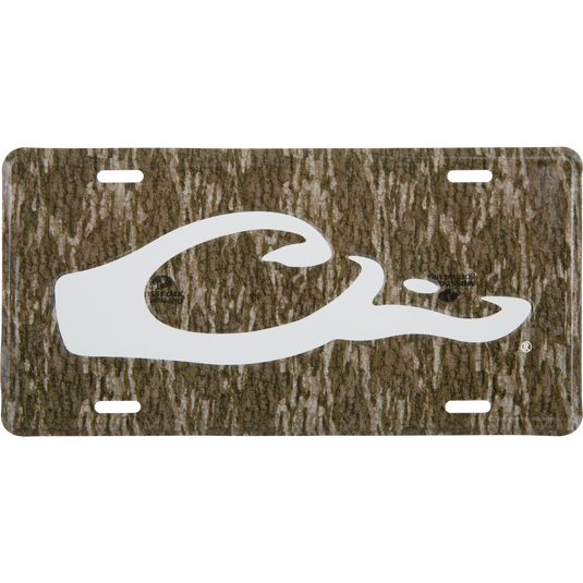 Drake Logo License Plate featuring a woodland camouflage pattern with a prominent white Mossy Oak leaf/acorn logo, designed for vehicle mounting.