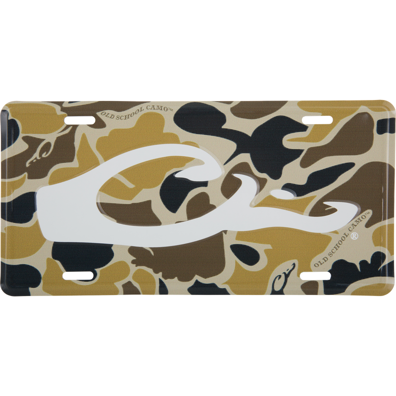 Drake Logo License Plate featuring an old school camouflage pattern with a white C and OLD SCHOOL CAMO™ text, representing Drake Waterfowl's hunting heritage.