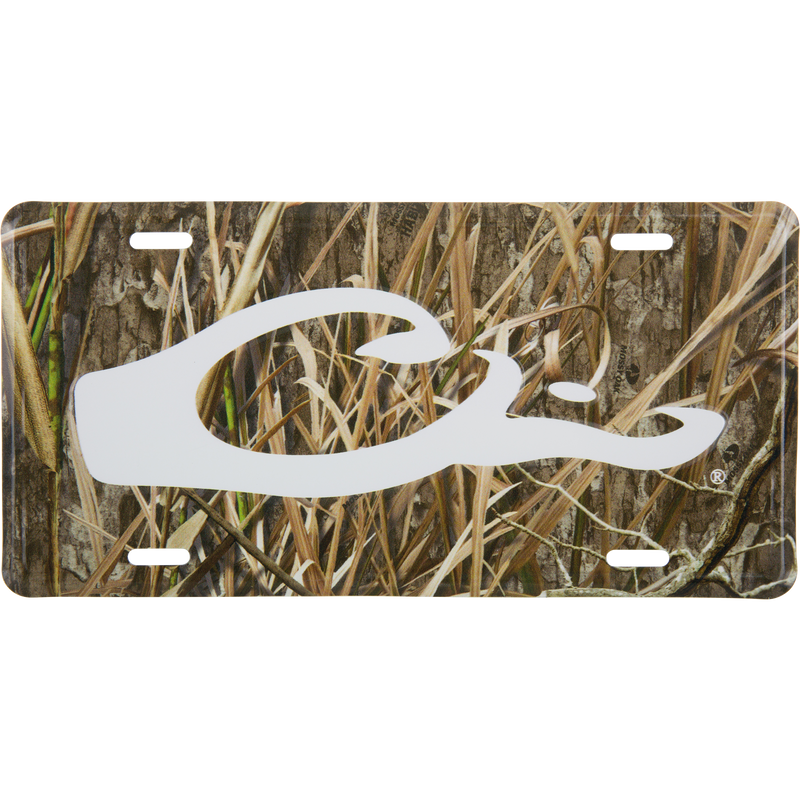 Drake Logo License Plate featuring a woodland camouflage background with a prominent white Drake duck head logo, crafted from stamped aluminum for hunting enthusiasts.