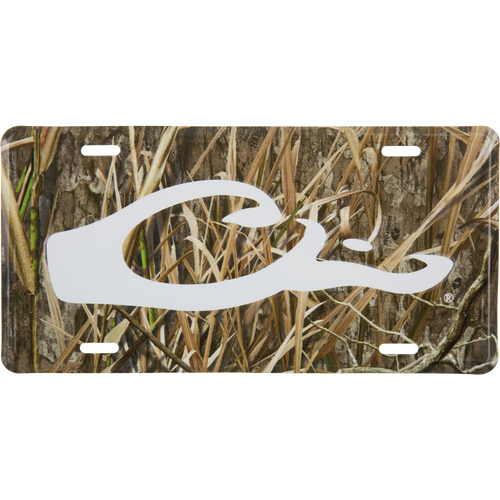 Drake Logo License Plate featuring a woodland camouflage background with a prominent white Drake duck head logo, crafted from stamped aluminum for hunting enthusiasts.
