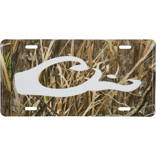 Drake Logo License Plate featuring a woodland camouflage background with a prominent white Drake duck head logo, crafted from stamped aluminum for hunting enthusiasts.