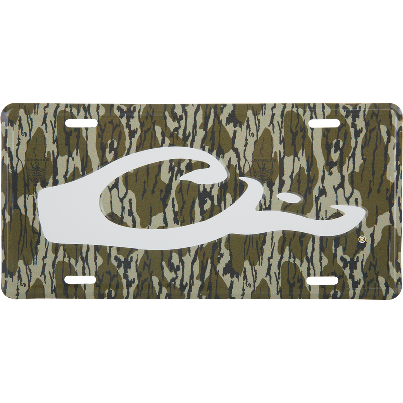 Drake Logo License Plate featuring a woodland camouflage pattern with a prominent white fish hook C logo, crafted from stamped aluminum.