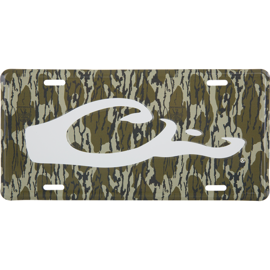 Drake Logo License Plate featuring a woodland camouflage pattern with a prominent white fish hook C logo, crafted from stamped aluminum.