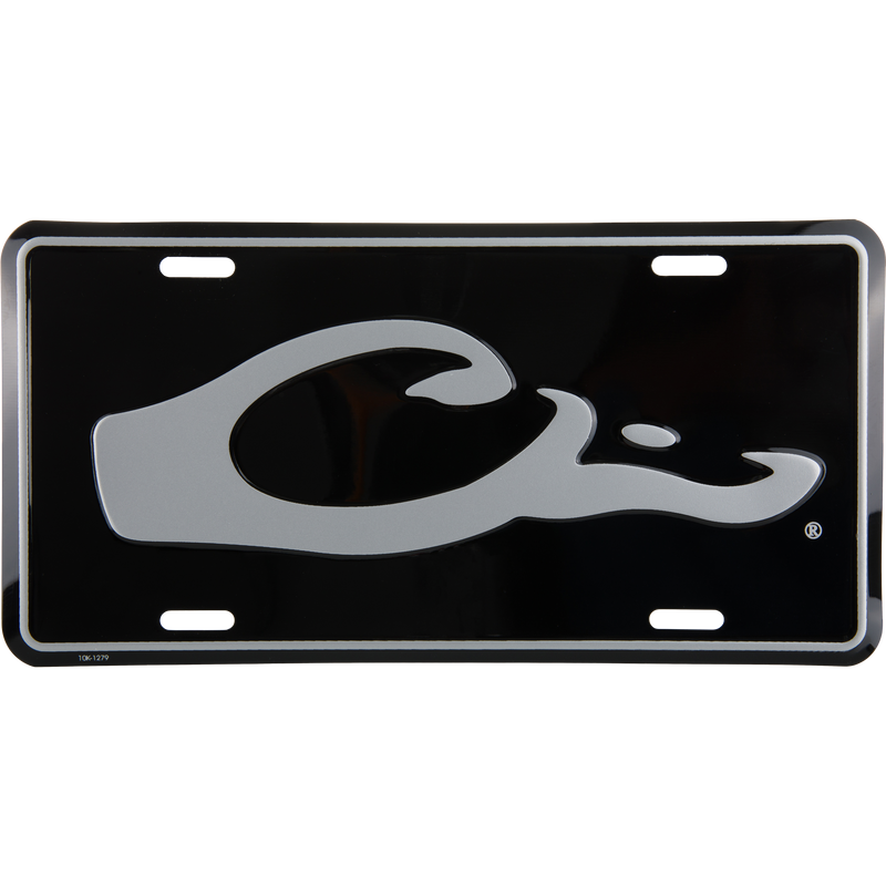 Drake Logo License Plate featuring a black metal background, thin silver border, and a stylized silver C R emblem, ideal for hunting enthusiasts.