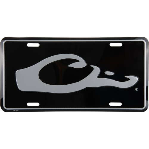 Drake Logo License Plate featuring a black metal background, thin silver border, and a stylized silver C R emblem, ideal for hunting enthusiasts.