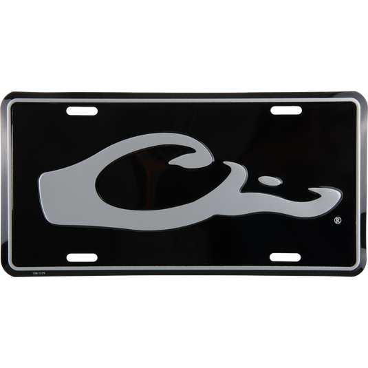 Drake Logo License Plate featuring a black metal background, thin silver border, and a stylized silver C R emblem, ideal for hunting enthusiasts.