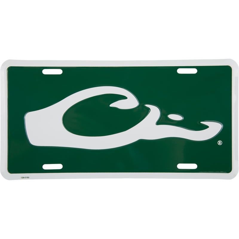 Drake Logo License Plate featuring a stylized white swoosh on a dark green background, crafted from stamped aluminum, ideal for hunting enthusiasts.
