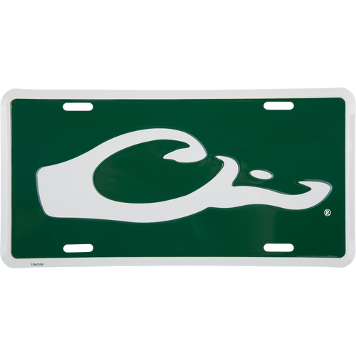 Drake Logo License Plate featuring a stylized white swoosh on a dark green background, crafted from stamped aluminum, ideal for hunting enthusiasts.