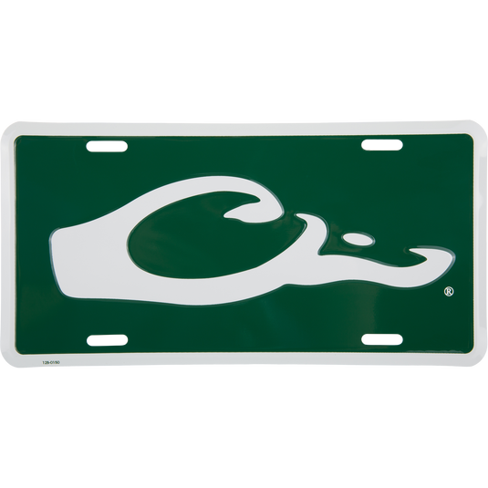 Drake Logo License Plate featuring a stylized white swoosh on a dark green background, crafted from stamped aluminum, ideal for hunting enthusiasts.