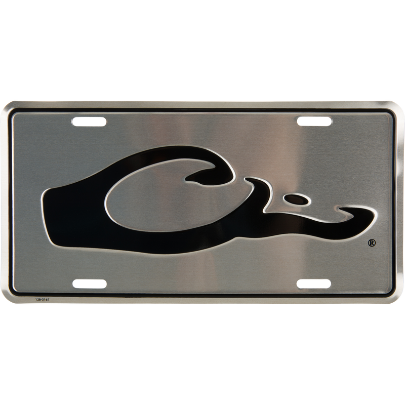 Drake Logo License Plate featuring a stylized oil script and Drake duck head logo on brushed-stainless aluminum, designed for vehicle mounting.