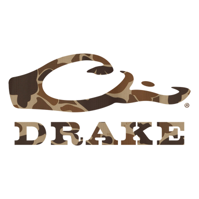 Show off your love for hunting with the Drake Window Decal from Waterfowl—a camo-patterned vinyl decal featuring a stylized duck head and bold DRAKE lettering, perfect for outdoor or vehicle windows.