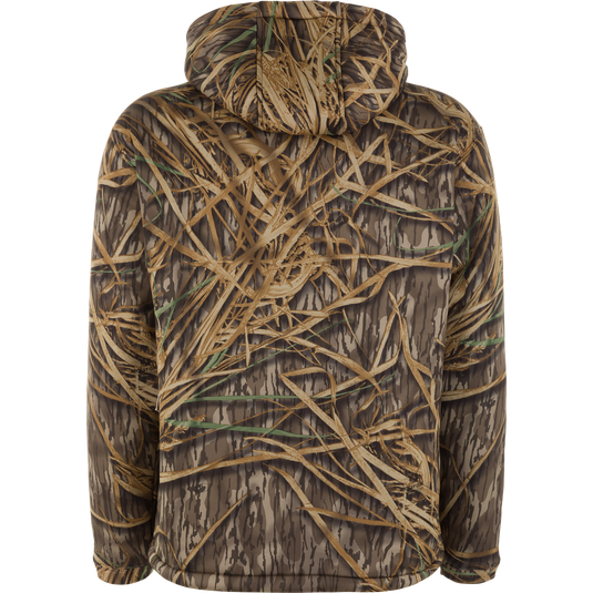 Back view of a Slacker Wader Pocket Hoodie in a brown and green camouflage pattern.