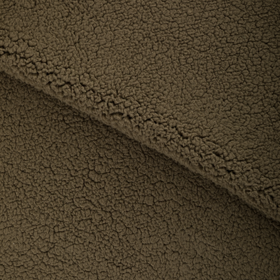 Close-up of olive green, textured polyester fleece fabric on the Slacker Wader Pocket Hoodie.