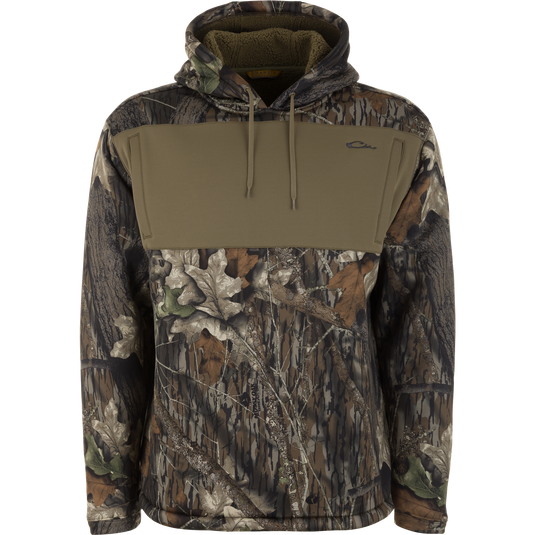 Waterfowl Slacker Wader Pocket Hoodie in Mossy Oak Original Break Up camouflage polyester fleece with a solid olive green chest pocket and drawstring hood.