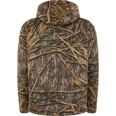 Waterfowl Slacker Quarter Zip Hoodie in a brown and tan grass camo polyester fleece, shown from the back on a plain white background.