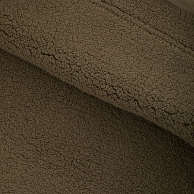 A close-up of olive green faux shearling, like that in the Waterfowl Slacker Quarter Zip Hoodie, shows its soft, curly, anti-pilling texture folded diagonally for extra depth and plushness.