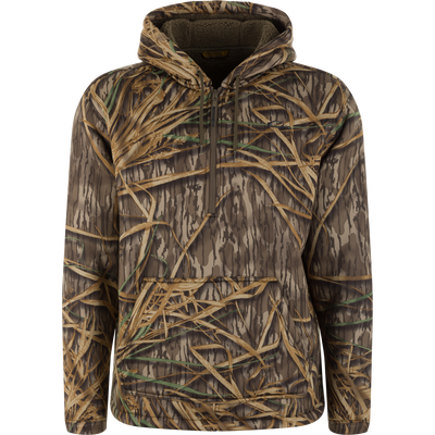 The Waterfowl Slacker Quarter Zip Hoodie features soft polyester fleece in Mossy Oak Original Shadow Grass camo, with a front pocket and drawstrings.