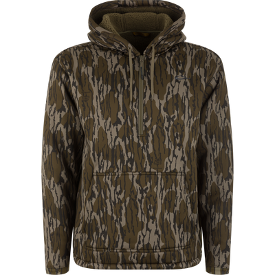 The Waterfowl Slacker Quarter Zip Hoodie in Mossy Oak Original Bottomland features polyester fleece, a front pocket, and drawstrings, displayed against a white background.