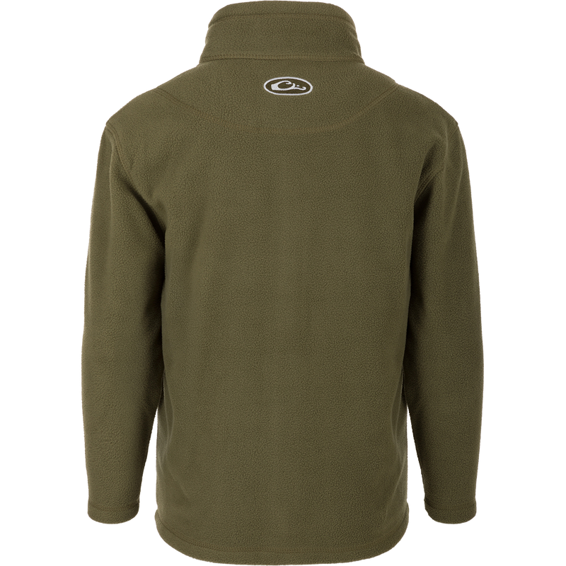 A Youth Camp Fleece Full Zip jacket featuring a logo, made with 100% polyester, anti-pill treatment, moisture-wicking capability, and zippered handwarmer pockets.
