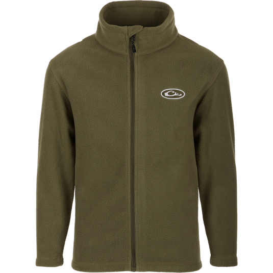 Youth Camp Fleece Full Zip jacket by Drake Waterfowl, featuring a green fleece design with a white logo. Made of 100% polyester, with anti-pill treatment, moisture-wicking, and convenient pockets.