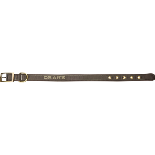 Team Gun Dog Adjustable Webbed Collar with metal buckle, D-ring, and five adjustment eyelets, featuring DRAKE woven near the buckle, ideal for training and walking.