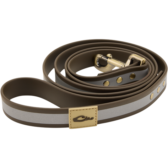 Team Gun Dog TPU Coated Waterproof Leash with reflective strip, brass-tone snap hook, and plaque, designed for durability and reliability in active hunting environments.