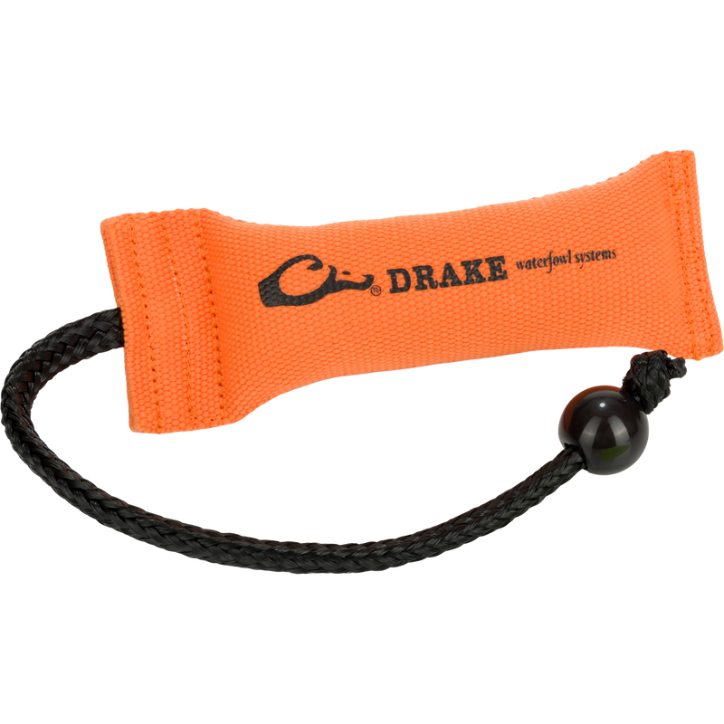 Small Firehose Bumper by Drake Waterfowl, orange canvas dummy with tapered middle, braided cord, and weighted end for easy throwing, ideal for retriever training.