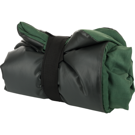 Gun Dog Bed Roll Pad with black Velcro straps, designed for outdoor use, featuring a durable waterproof bottom and comfortable microfiber top for dogs.