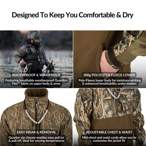 MST Guardian Flex Fleece Eqwader Quarter Zip Jacket showcased with Guardian Flex materials, ideal for outdoor activities, featuring reinforced elbow protection and multiple pockets for functionality.