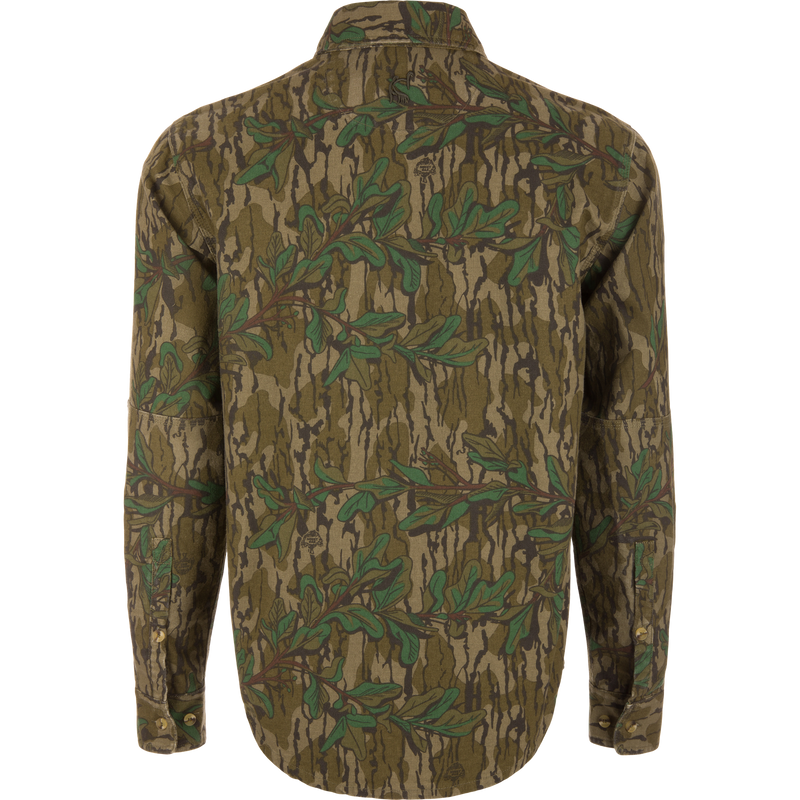Back view of the Throwback 80 Button Down Field Shirt, showcasing durable 100% cotton twill fabric and reinforced forearms and elbows for outdoor use.
