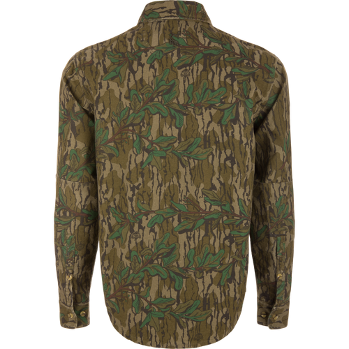 Back view of the Throwback 80 Button Down Field Shirt, showcasing durable 100% cotton twill fabric and reinforced forearms and elbows for outdoor use.