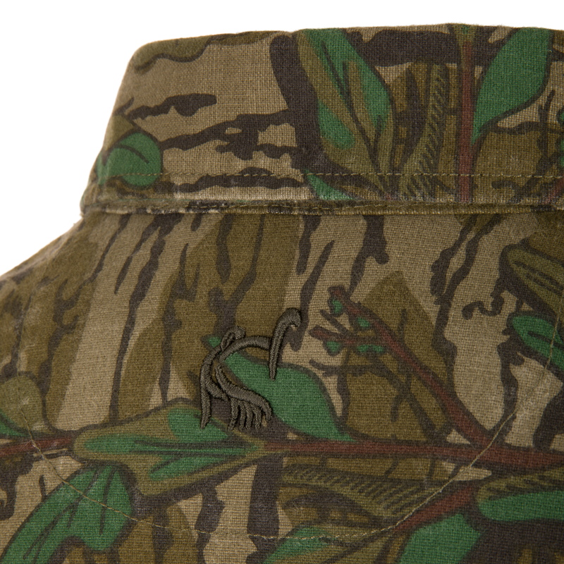 Throwback 80 Button Down Field Shirt in close-up, showcasing durable cotton twill fabric and reinforced stitching, ideal for outdoor adventures.