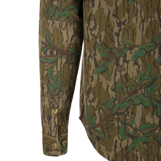 Throwback 80 Button Down Field Shirt, close-up showing durable cotton twill fabric and reinforced forearms, designed for outdoor adventures with triple-needle stitching details.