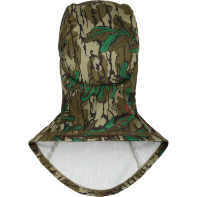 Camouflage hood with green accents on a white background