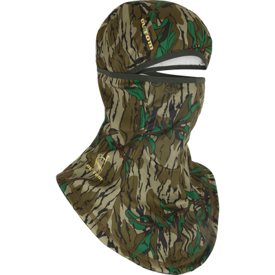 Ol’ Tom Early Bird Facemask with Insect Repellent, featuring a camo-patterned balaclava with an open eye port, wide neck covering, and UPF 50 protection.