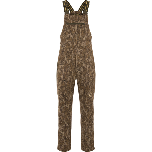 Turkey Bib with Spider Web Technology features brown overalls with straps, offering stretch material, water-resistant seat, and cargo pockets for hunting and outdoor activities.