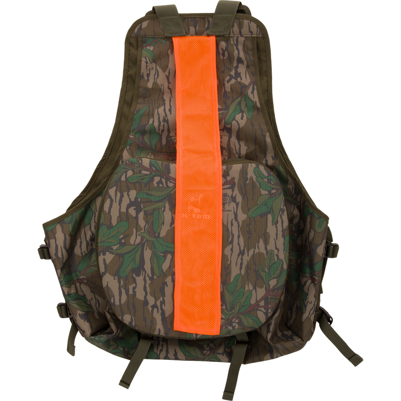 Youth Time and Motion Turkey Vest featuring camouflage design with orange stripe, quick-draw pouches, and neoprene shoulder straps for comfort and safety during hunting.