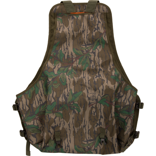 Youth Time and Motion Turkey Vest with camouflage pattern, straps, and quick-draw pouches, offering durability and comfort for hunting with neoprene shoulder straps and safety flag.