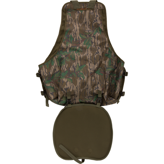 Youth Time and Motion Turkey Vest featuring camouflage design, quick-draw slate call pouch, removable padded seat cushion, and neoprene shoulder straps for hunting.