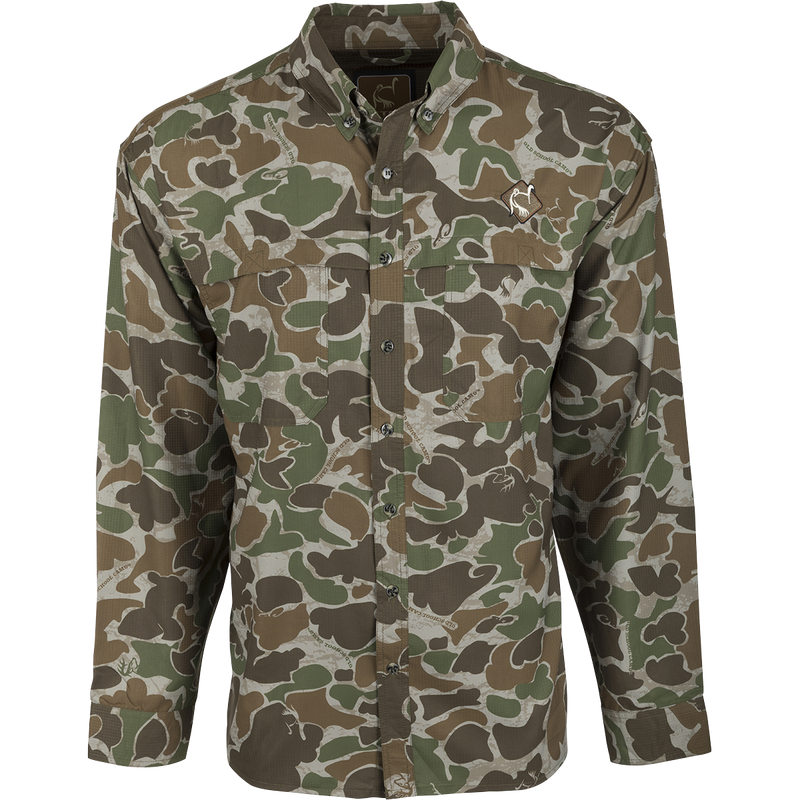 A technical Ol’ Tom Men's Mesh Back Flyweight Turkey Shirt with spine pad for hunting. Features include lightweight Flyweight construction, removable spine pad, UPF 50+ sun protection, and mesh back panel. Two chest pockets and relaxed fit.