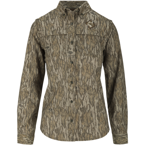 A technical Ol’ Tom Women's Mesh Back Flyweight Shirt 2.0 with reduced spine pad for hunting comfort. Lightweight, breathable, and quick-drying polyester construction. Ideal for big game and waterfowl hunting.