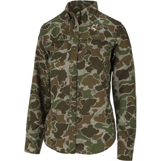 Women's Mesh Back Flyweight Shirt 2.0: A camouflage jacket with a logo on it, featuring a duck logo on camouflage fabric.