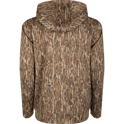 Performance Hoodie featuring tree-patterned camouflage, showcasing a lightweight design with anti-pilling fabric, kangaroo pocket, and adjustable hood for hunting or casual wear.