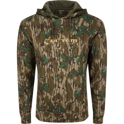 Performance Hoodie featuring a camouflage pattern, close-up of logo, with kangaroo pocket and adjustable drawstring hood, ideal for hunting or casual wear.