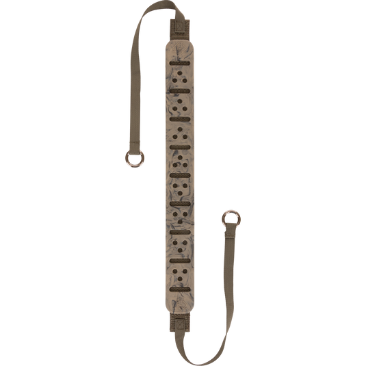 Turkey Tote with vulcanized rubber, polypropylene webbing, 13” non-slip shoulder pad, 10” tote straps, and metal slip ring for easy bird transport.