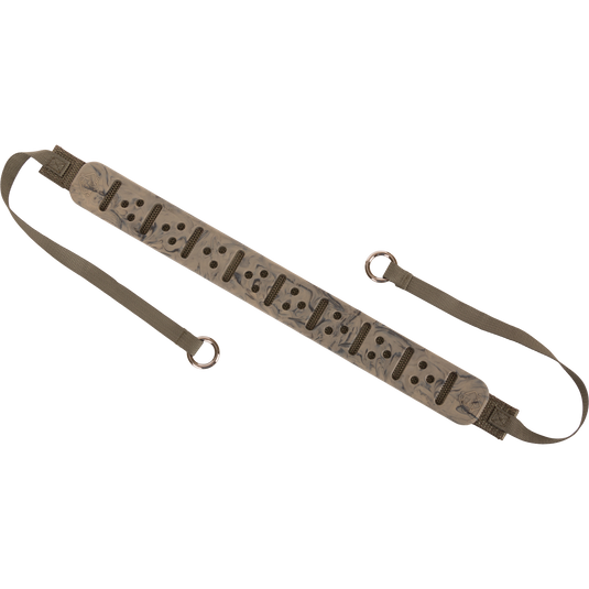 Close-up of the Turkey Tote's strap with holes, featuring a durable metal slip ring for easy attachment, designed for transporting birds securely.