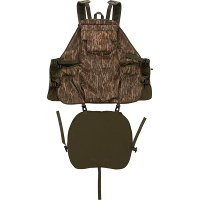 Time & Motion™ Gunslinger Turkey Vest with camouflage pattern, adjustable straps, multiple pockets for hunting gear, and detachable call cords.